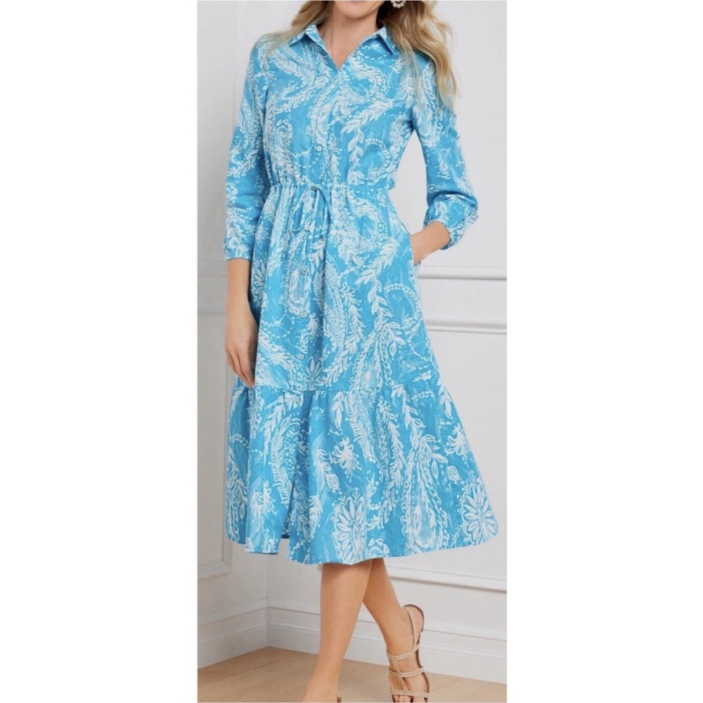 NWOT $119 Talbots 2024 Linen Blend Brushed Paisley Long Shirt Dress Size 10